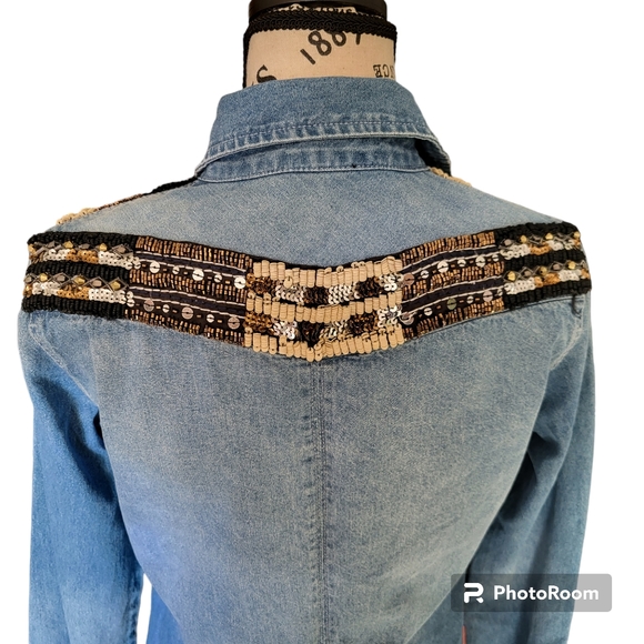 Miss Me womens denim button up western rodeo boho cowgirl beaded embellish top - Picture 4 of 12